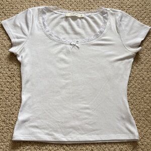 White Lace-Trim Ribbed Scoop Neck Short Sleeve Top